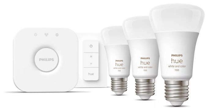 LED Set für intelligente Beleuchtung Hue White and Color Ambiance Starterset 3xE27 + Bridge + 1 Dimmschalter 