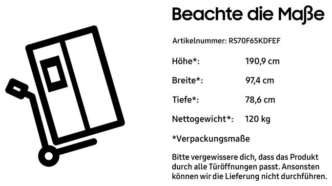 Side-by-Side Kühl-/ Gefrierkombination 420 l / 220 l 279 kWh 1780 mm x 912 mm  RS70F65KDF (Schwarz) 