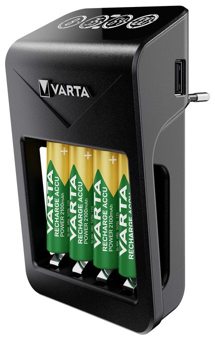 Akku Ladegerät, inkl. 4X AA 2100mAh, Batterieladegerät für wiederaufladbare AA/AAA/9V und USB Geräte, LCD Plug Charger+, Einzelschachtladung 