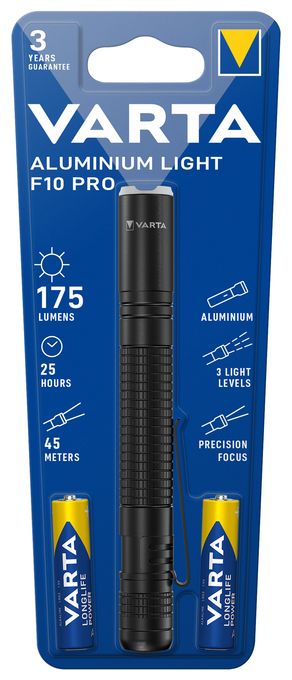 Aluminium F10 Pro LED Taschenlampe (inkl. 2x Longlife Power AAA Batterien für den täglichen Gebrauch, 175 Lumen, stoßfest, 3 Jahre Garantie) schwarz für Haushalt, Camping, Outdoor 