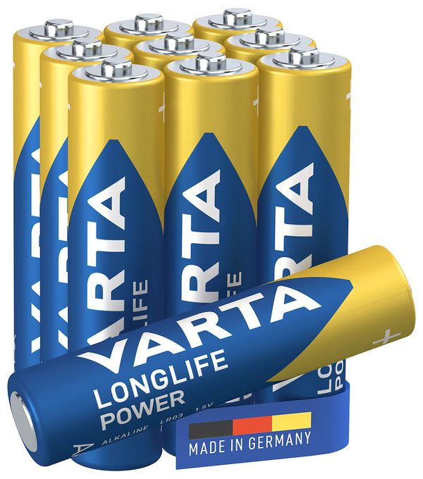 Batterien AA, 10 Stück, Longlife Power, Alkaline, 1,5V, ideal für Spielzeug, Funkmaus, Taschenlampen, Verpackung zu 90% recycelt, Made in Germany 