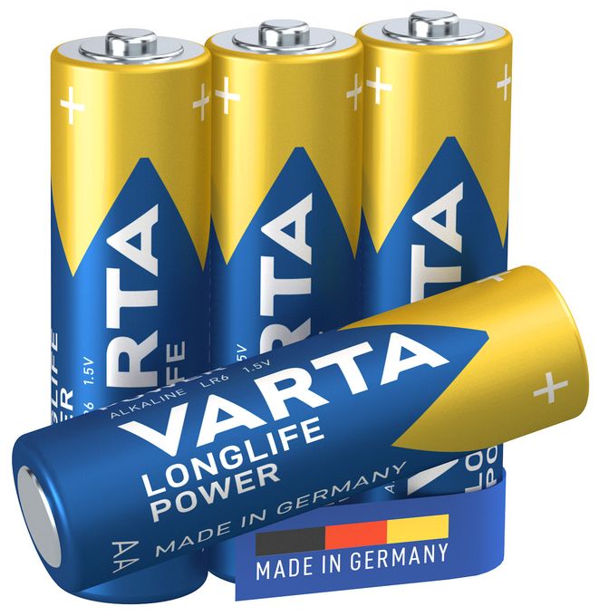 Batterien AA, 4 Stück, Longlife Power, Alkaline, 1,5V, ideal für Spielzeug, Funkmaus, Taschenlampen, Made in Germany 