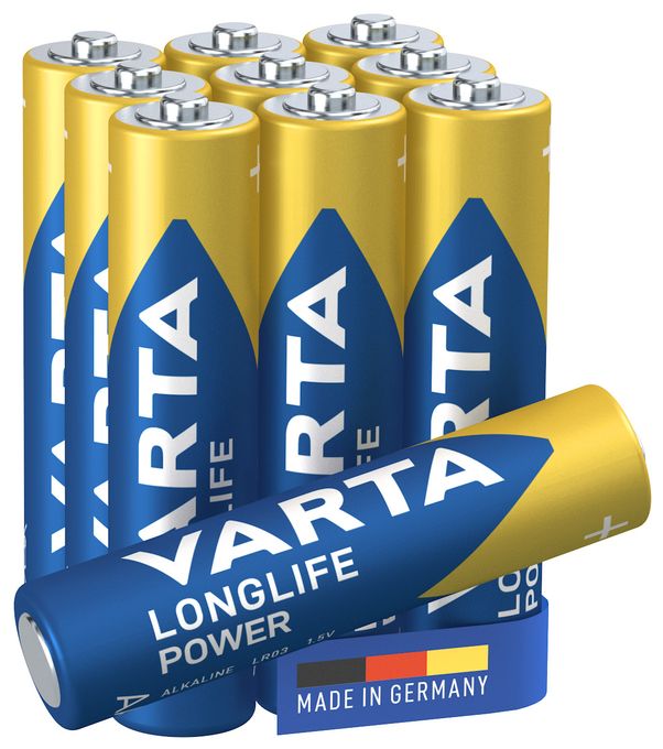 Batterien AAA, 10 Stück, Longlife Power, Alkaline, 1,5V, ideal für Spielzeug, Funkmaus, Taschenlampen, Verpackung zu 90% recycelt, Made in Germany 