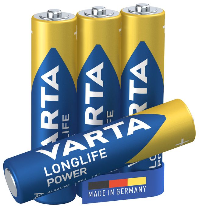 Batterien AAA, 4 Stück, Longlife Power, Alkaline, 1,5V, ideal für Spielzeug, Funkmaus, Taschenlampen, Made in Germany 
