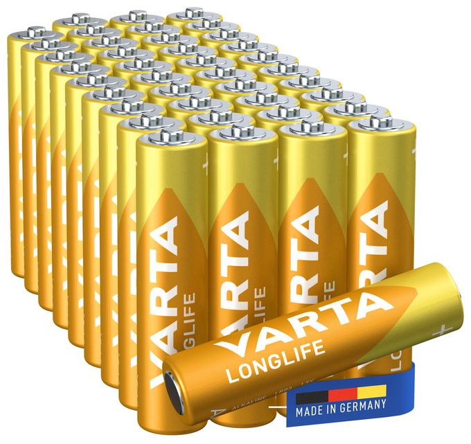 Batterien AAA, 40 Stück, Longlife, Alkaline, 1,5V, für Fernbedienungen, Radios, Uhren, Made in Germany 