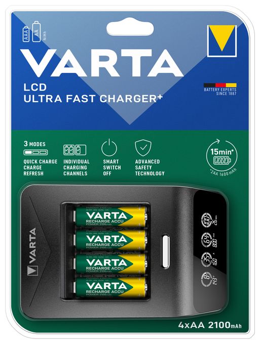 LCD Ultra Fast Charger+ AA & AAA (NiMH Akkus inkl. 4x AA 2100 mAh Akkus & AC sdapter & 12 V Adapter), schwarz 