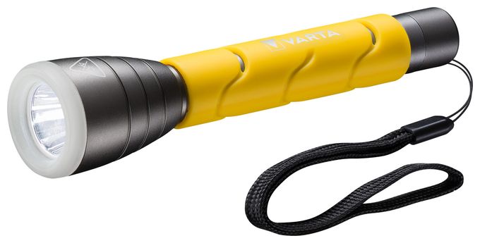 Taschenlampe LED inkl. 2x AA Batterien, Outdoor Sports F20, Leuchte, Lampe mit zwei Leuchtmodi, Taschenleuchte mit gummiertem Griff, sehr robust, gelb 
