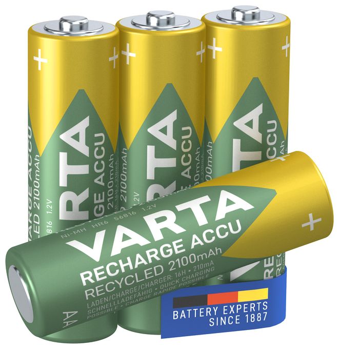 Recharge Accu Recycled AA 2100 mAh 4er-Pack (vorbeladener NiMH-Akku, Mignon, 25 % recyceltes Material, wiederaufladbarer Akku, sofort einsatzbereit) 