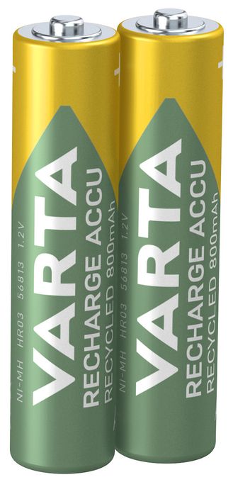 Recharge Accu Recycled AAA 800 mAh 2er-Pack (vorgeladener NiMH-Akku, Micro, 25 % recyceltes Material, wiederaufladbarer Akku, sofort einsatzbereit) 