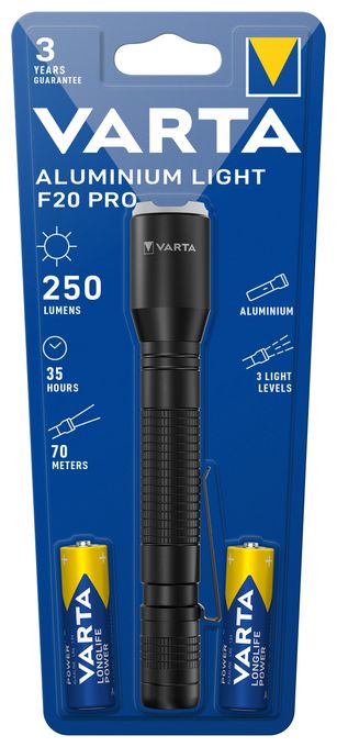 Taschenlampe LED inkl. 2x AA Batterien, Aluminium Light F20 Pro Leuchte, Lampe mit drei Leuchtmodi, Taschenleuchte mit Aluminiumgehäuse, texturiertem Griff, stoßfest 