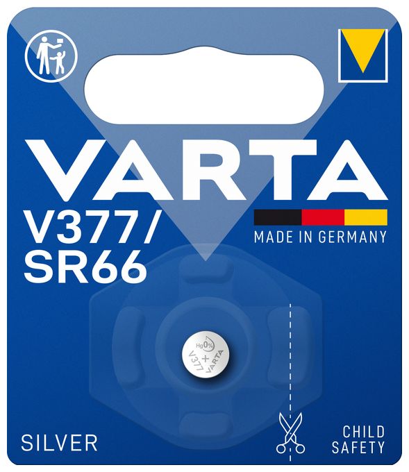 Batterien V377/SR66 Knopfzelle, 1 Stück, Silver Coin, 1,55V, kindersichere Verpackung, für elektronische Kleingeräte - Uhren, Autoschlüssel, Fernbedienungen, Waagen, Made in Germany 