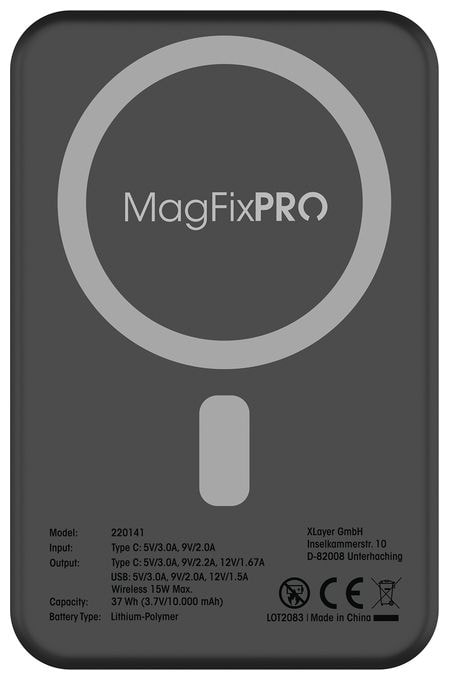 10000 mAh Powerbank USB Typ-C Kabelloses Laden  MagFix Pro 2 (Schwarz) 