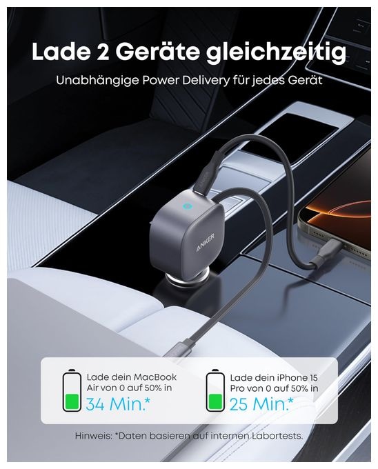 Nano Kfz-Ladegerät (75W, USB-C Port, Integriertes einziehbares USB-C Kabel) 