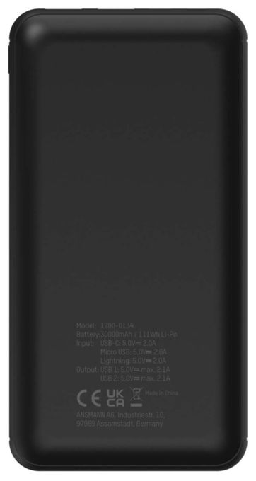 30000 mAh Powerbank Lightning + USB Type-C + Micro-USB  PB212 (Schwarz) 