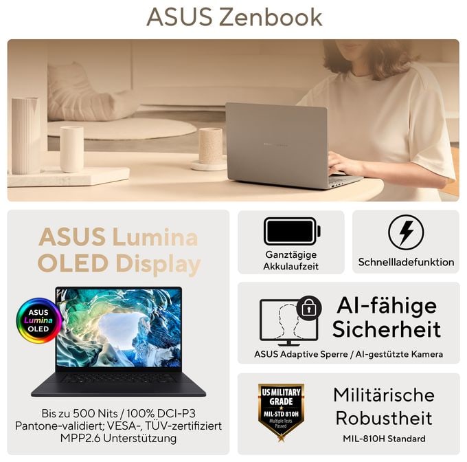 WUXGA Notebook 35,6 cm (14 Zoll) 1920 x 1200 Pixel 1 TB SSD Windows 11 Home AMD Ryzen 7 max. 4,6 GHz  Zenbook 14 UM3406GA-QD030W Copilot+ (Schwarz) 
