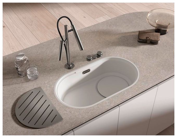 Granit 1 Becken  OOVALON 700-IF Flächenbündige Spüle für 80 cm Unterschrank (Weiß) 