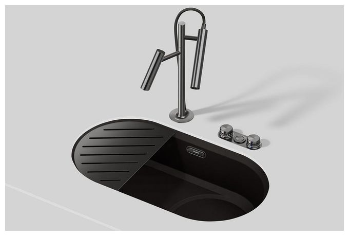 Granit 1 Becken  OOVALON 700-U Unterbauspüle für 80 cm Unterschrank (Schwarz) 