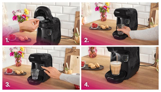 Kaffeekapsel Maschine  TAS102E Tassimo Happy friendly (Schwarz) 