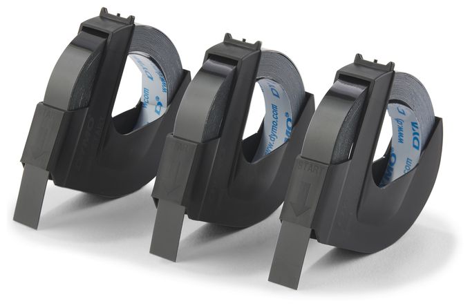 DYMO Original Prägeband | 3D weiß auf schwarz | 9 mm x 3 m | selbstklebendes Kunststoff Etikettenband | für Junior & Omega Beschriftungsgerät | 3 Prägebänder 