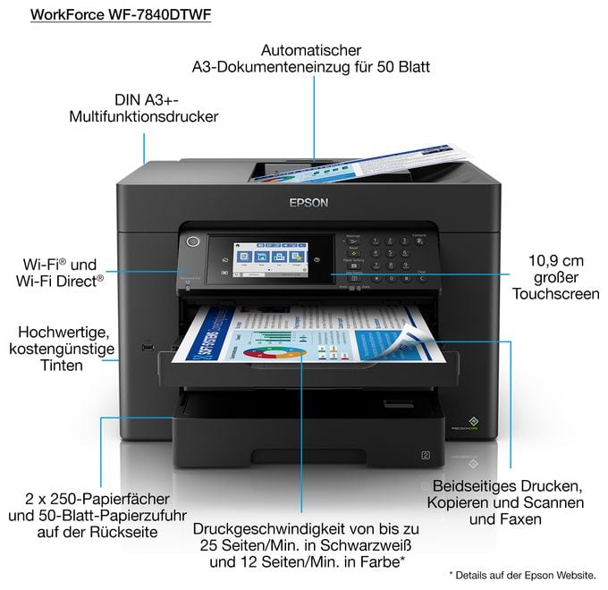 All in One A3 Tintenstrahl Drucker 4800 x 2400 DPI WorkForce Pro WF-7840DTWF 