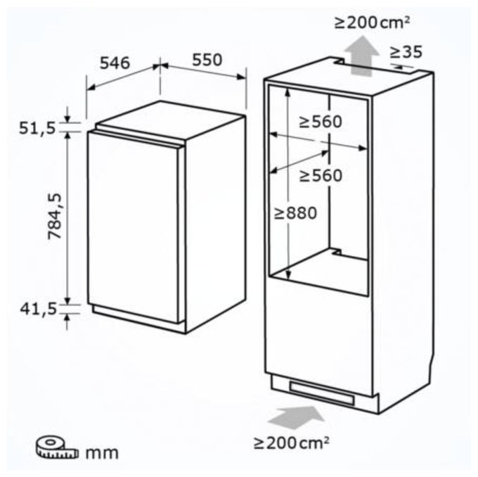 135 l 88 cm Einbaukühlschrank EEK: E 93 kWh Jahr EKS131-V-FE-090E 