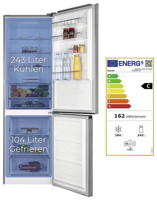 243 l / 104 l Kühl-Gefrierkombi freistehend NoFrost 162 kWh Jahr  KGC350-105-NF-040C (Schwarz, Edelstahl) 