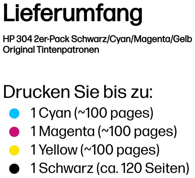 Druckerpatronen Schwarz, Cyan, Magenta, Gelb 4 ml 2 ml 120 Seiten Nr.304 