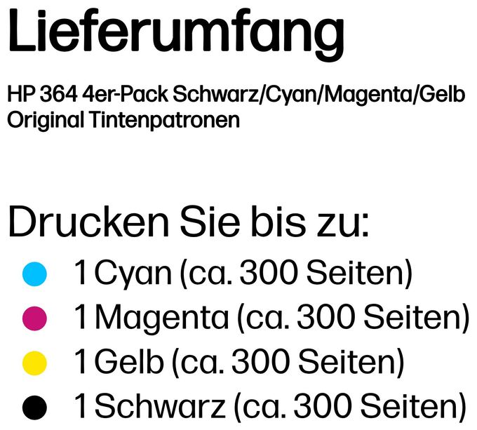 Druckerpatronen Schwarz, Cyan, Magenta, Gelb 6 ml 3 ml 300 Seiten Nr.364 