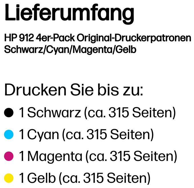 originale Druckerpatronen Schwarz, Cyan, Magenta, Gelb 6,5 ml 4 ml 250 Seiten Nr.912 4er-Pack 