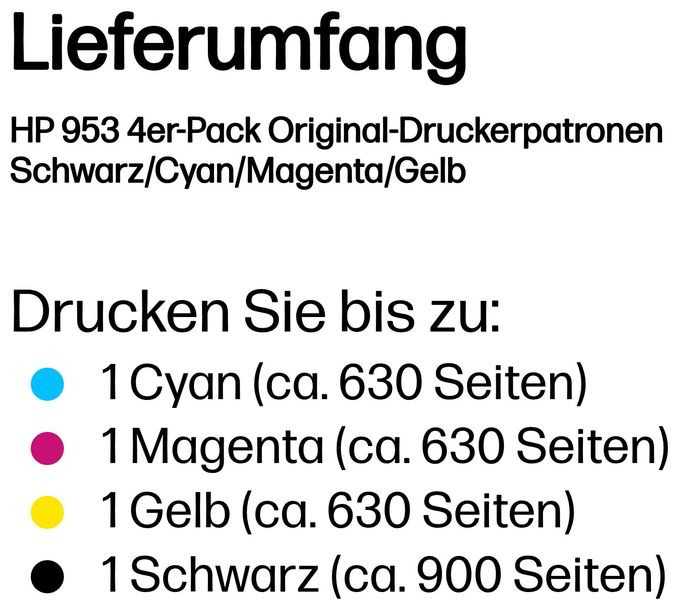 originale Druckerpatronen Schwarz, Cyan, Magenta, Gelb 20 ml 9 ml 900 Seiten Nr.953 4er-Pack 