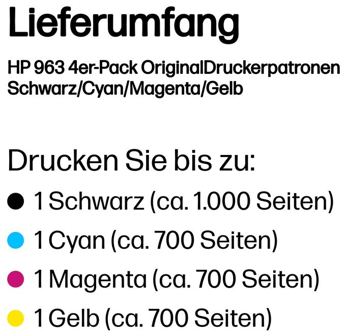 originale Druckerpatronen Schwarz, Cyan, Magenta, Gelb 47,86 ml 1000 Seiten Nr.963 4er-Pack 