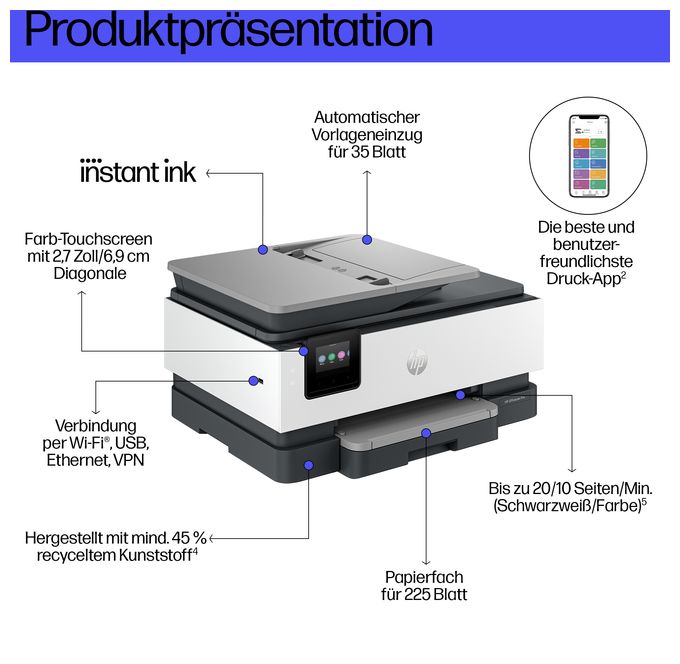 All in One A4 Thermal Inkjet Drucker 4800 x 1200 DPI OfficeJet Pro 8134e 