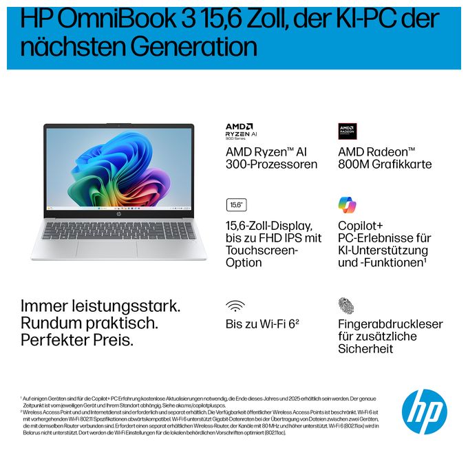Full HD Notebook 39,6 cm (15.6 Zoll) 1920 x 1080 Pixel 1 TB SSD Windows 11 Home AMD Ryzen 5 max. 4,5 GHz  OmniBook 3 15-fn0653ng (Silber) 