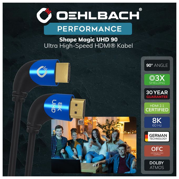 48 Gbit/s Stecker Abgewinkelt HDMI auf HDMI Typ A (Standard) 3 m  Shape Magic 90 (Schwarz, Blau) 