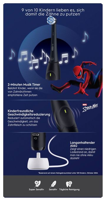 Rotierende Zahnbürste für Kinder  iO Kids 6+ Spiderman (Schwarz) 