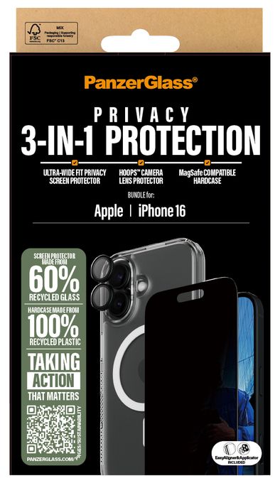 Klare Bildschirmschutzfolie Thermoplastische Polyurethane (TPU), Gehärtetes Glas, Polyethylenterephthalat, Silikon für  Apple Apple - iPhone 16 Kratzresistent, Schockresistent 3-in-1 Privacy Schutz Set 