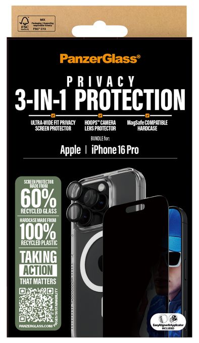 Klare Bildschirmschutzfolie Thermoplastische Polyurethane (TPU), Gehärtetes Glas, Polyethylenterephthalat, Silikon für  Apple Apple - iPhone 16 Pro Kratzresistent, Schockresistent 3-in-1 Privacy Schutz Set 