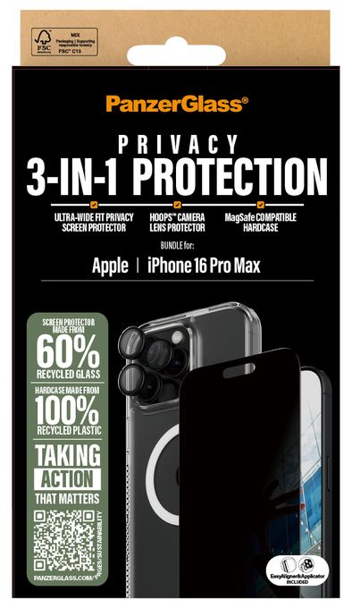 Klare Bildschirmschutzfolie Thermoplastische Polyurethane (TPU), Gehärtetes Glas, Polyethylenterephthalat, Silikon für  Apple Apple - iPhone 16 Pro Max Kratzresistent, Schockresistent 3-in-1 Privacy Schutz Set 