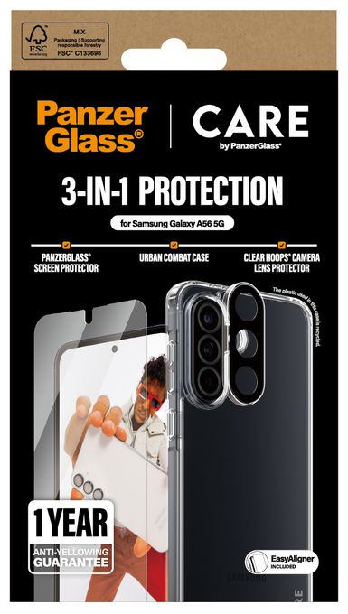 Klare Bildschirmschutzfolie Gehärtetes Glas, Polyethylenterephthalat, Silikon, Thermoplastische Polyurethane (TPU) für  Samsung Samsung - Galaxy A56 5G Kratzresistent, Schockresistent 38380 Flagship 3-in-1 Set 
