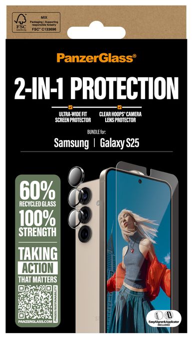 Klare Bildschirmschutzfolie Gehärtetes Glas, Silikon, Polyethylenterephthalat für  Samsung Samsung - Galaxy S25 Kratzresistent, Schockresistent 38388 2-in-1 Bundle - Schutzkit Display/Objektiv 