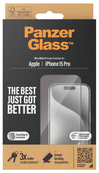 PanzerGlass® Displayschutz iPhone 15 Pro | Ultra-Wide Fit m. EasyAligner 