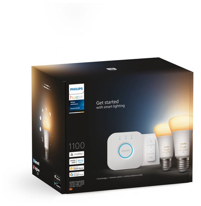 LED Set für intelligente Beleuchtung 1100 mm Warmweiß, Kaltweiße Hue White Ambience Starterset: E27 Lampe A60 Doppelpack + Dimmschalter 