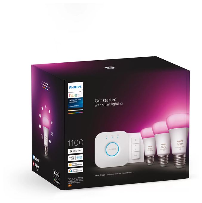 LED Set für intelligente Beleuchtung Hue White and Color Ambiance Starterset 3xE27 + Bridge + 1 Dimmschalter 