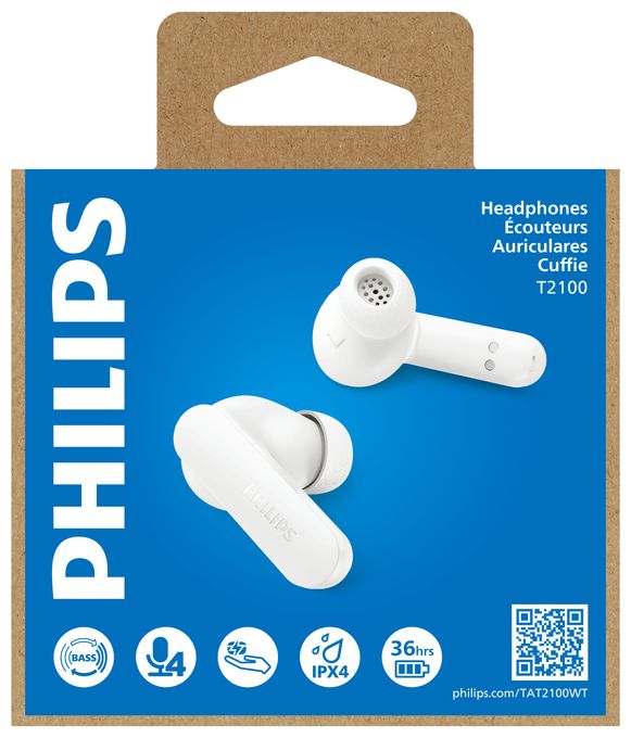In-Ear Bluetooth Kopfhörer Kabellos TWS 8 h Laufzeit IPX4  TAT2100WT/00 (Weiß) 