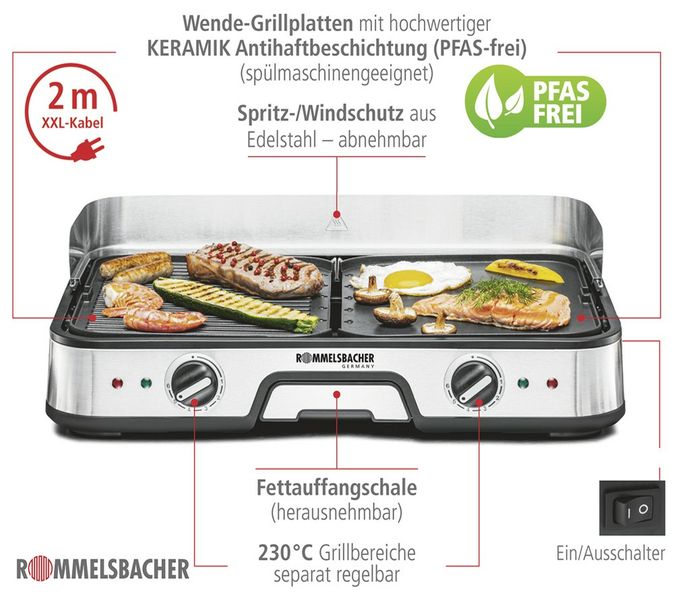 2 Zone(n) 2000 W mit 225 x 285 mm Fläche  BBQ2025 Tischgrill (Schwarz, Edelstahl) 
