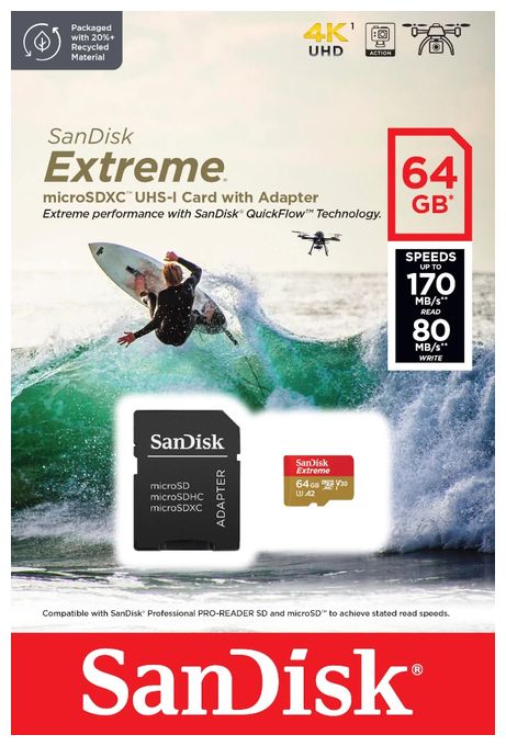 MicroSDXC Speicherkarte 64 GB Class 3 (U3) Klasse 10 Extreme A2 