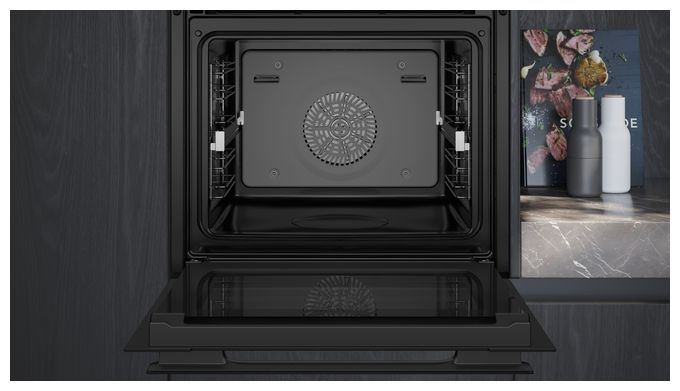 Einbaubackofen groß Dampfgaren AutoClean (Edelstahl, Schwarz) iQ700 HS938GEB1 