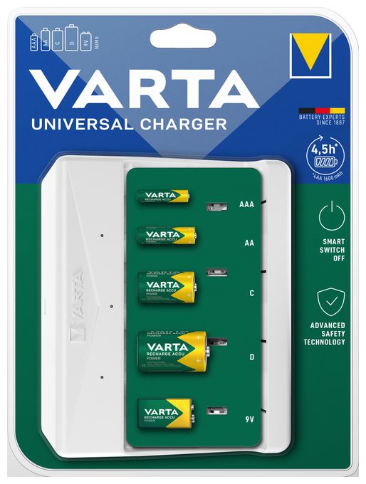 Akku Ladegerät, Batterieladegerät für wiederaufladbare Batterien, lädt 2 oder 4 AA, AAA, C, D oder 1x 9V gleichzeitig, Universal Charger, mit Sicherheitsabschaltung, unbestückt 