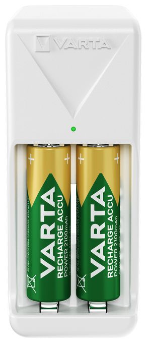 Akku Ladegerät, inkl. 2X AA 2100mAh, Batterieladegerät für wiederaufladbare Batterien, lädt 2 AA/AAA gleichzeitig, Mini Charger, weiß 