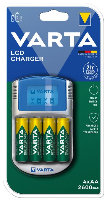 Akku Ladegerät, inkl. 4X AA 2600mAh, Batterieladegerät für wiederaufladbare AA/AAA, LCD Charger, mit USB Kabel & 12V Adapter 